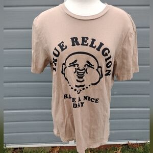 True Religion Shirt Men L Adult Khaki Casual Tee Spell out Cotton Buddha Logo.